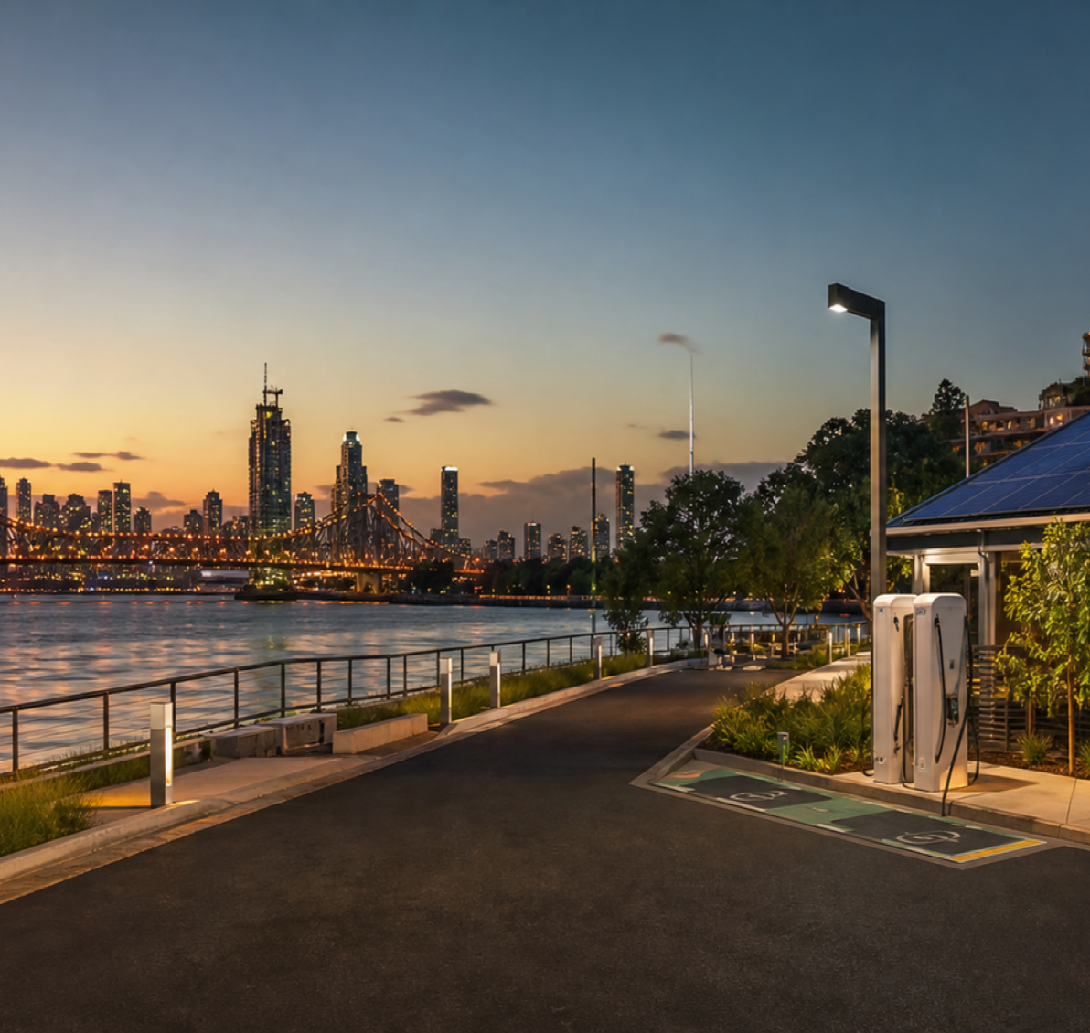 Electric vehicle charging beside Brisbane and the Australian waterfront