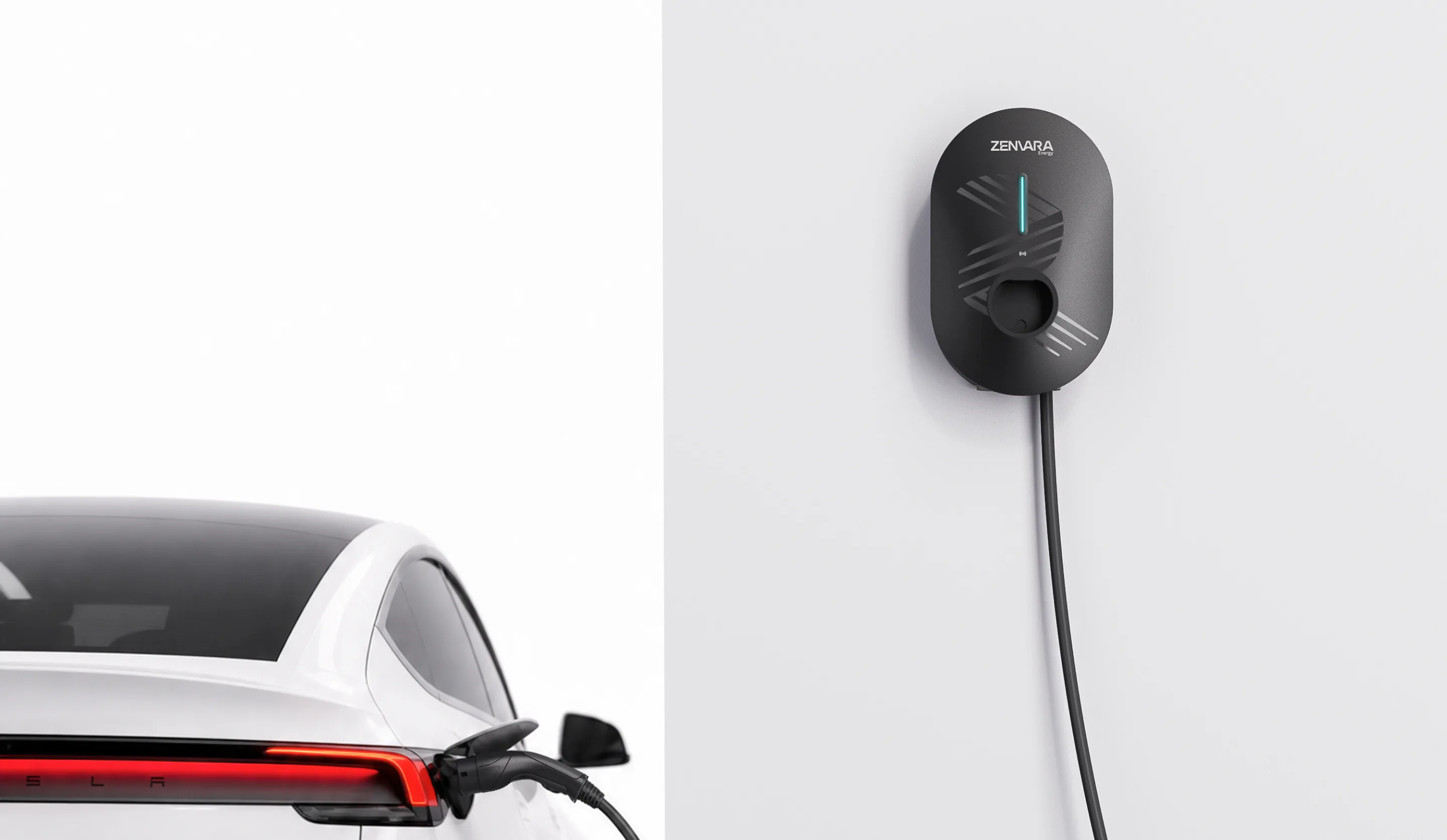 A Zenvara home charger beside a white electric vehicle