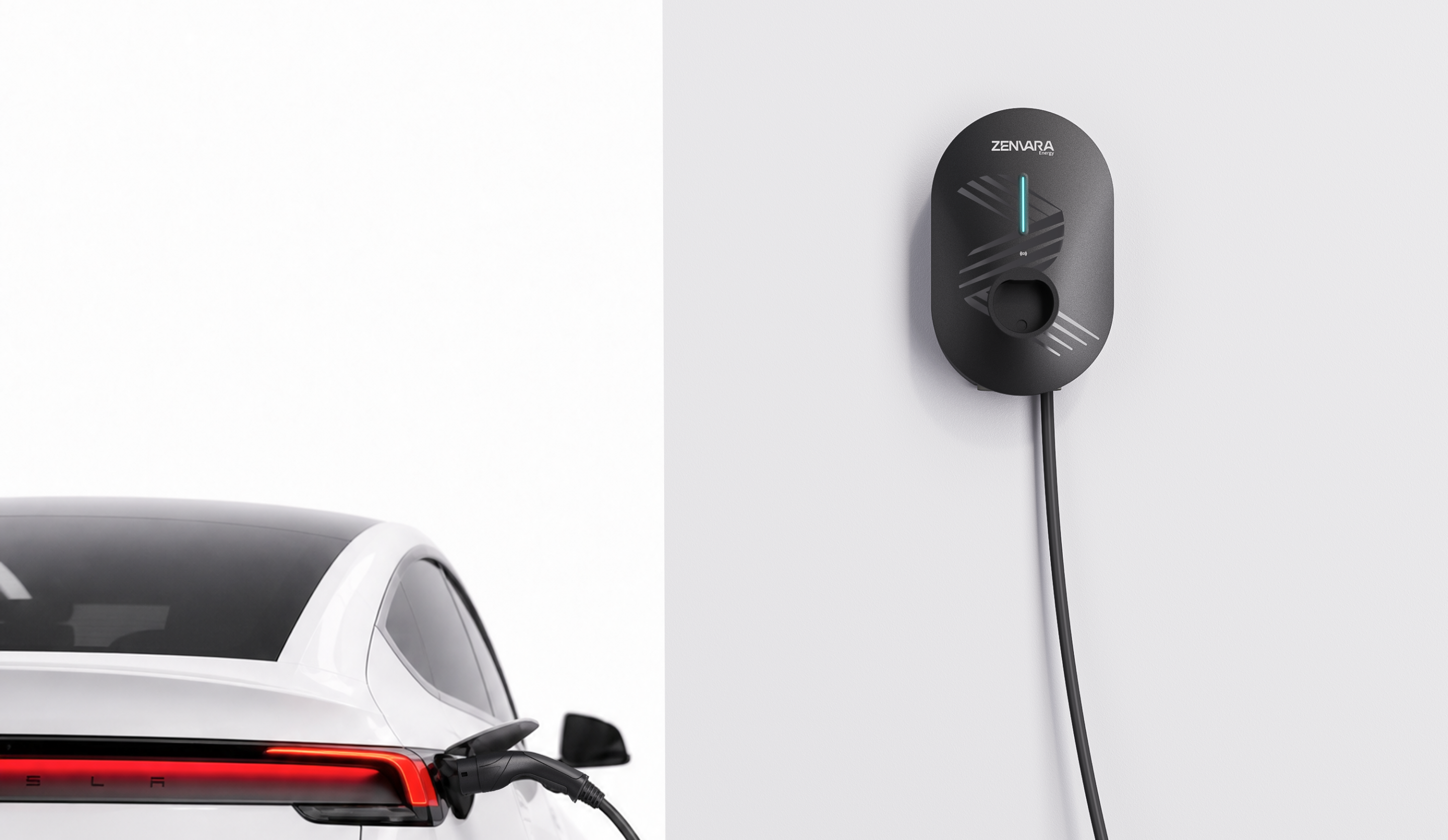 A Zenvara home charger beside a white electric vehicle