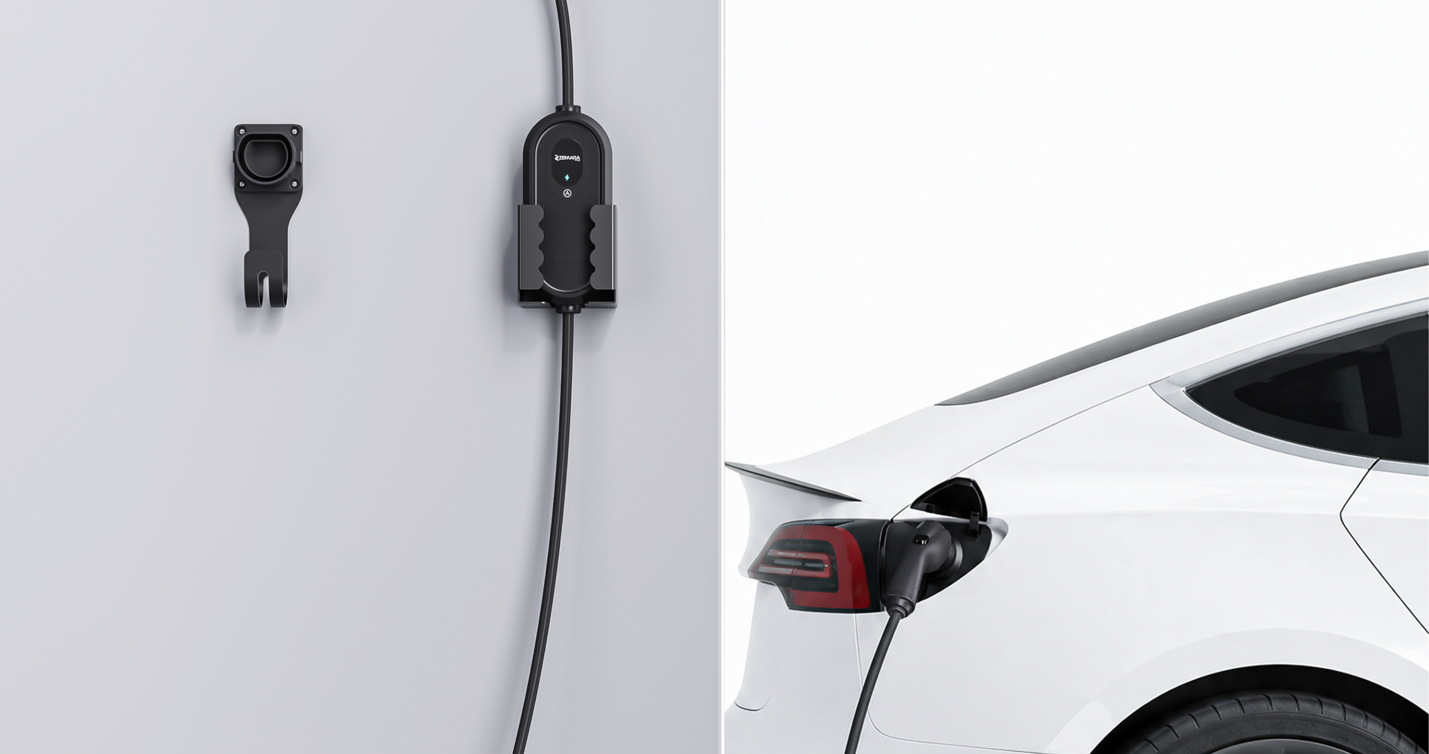 Portable home charger mounted beside an electric vehicle