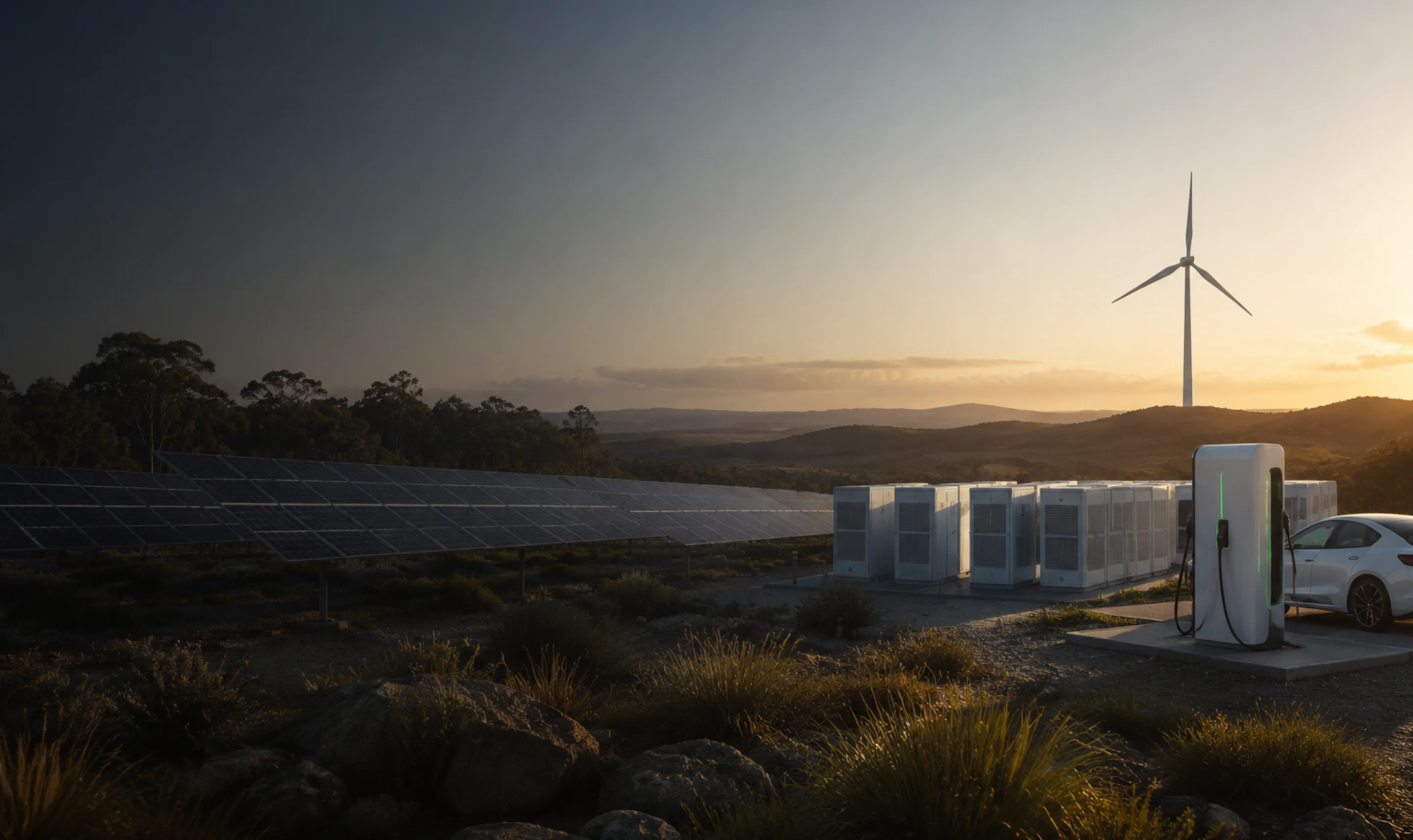 Renewable energy precinct with solar panels, battery storage, wind power and EV charging