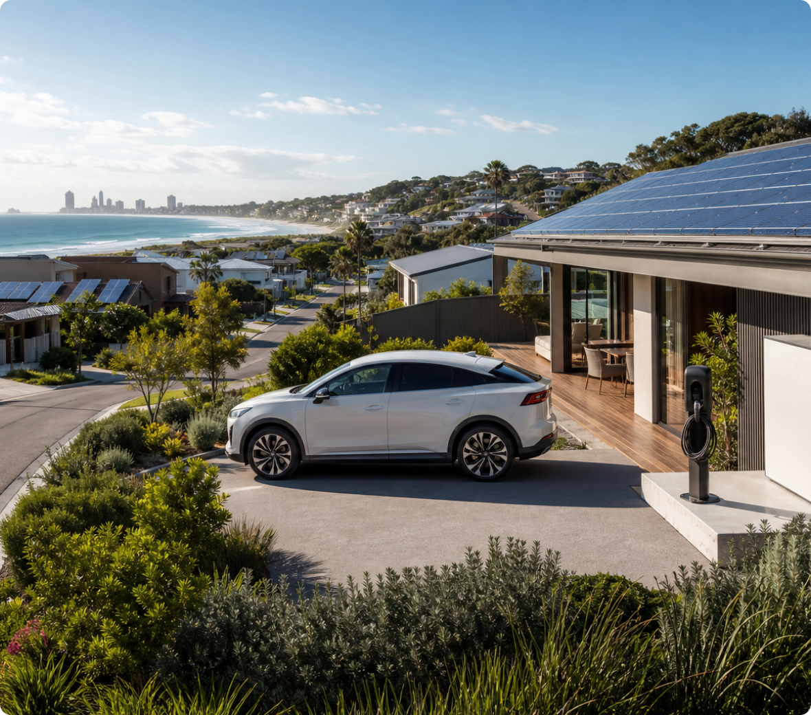Electric vehicle charging at a solar-powered coastal home