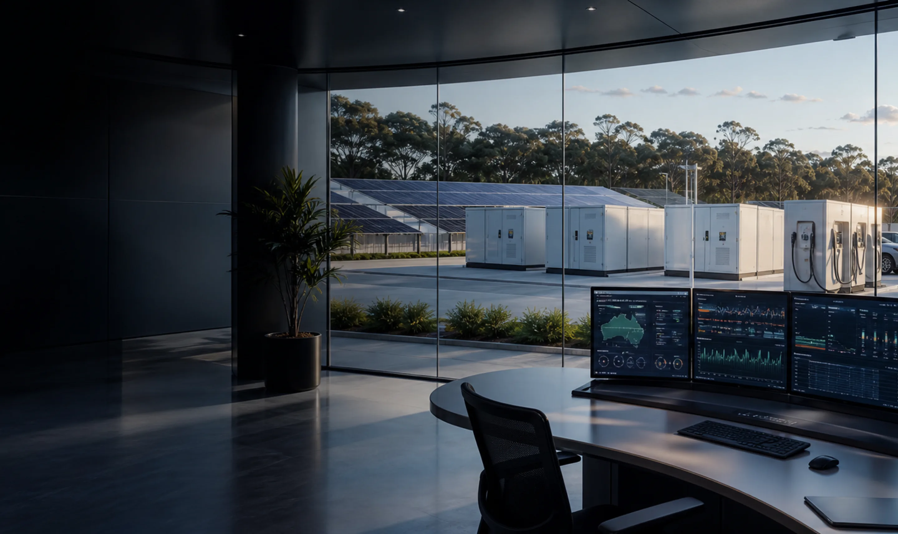 Energy operations centre overlooking a solar and charging precinct