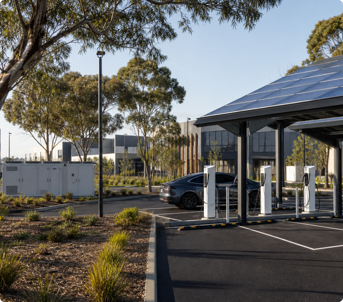 Solar-covered electric vehicle charging precinct