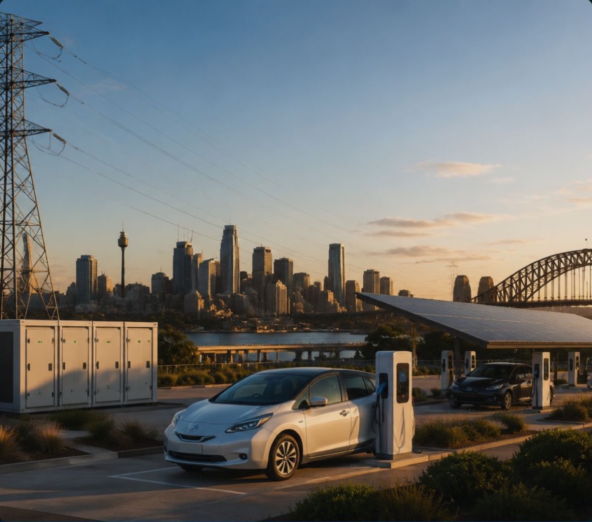 Electric vehicles charging beside Sydney energy infrastructure